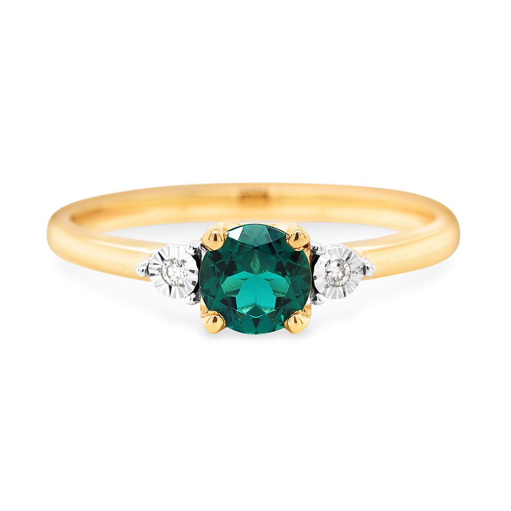 9ct Gold 5mm Round Created Emerald & Diamond Ring