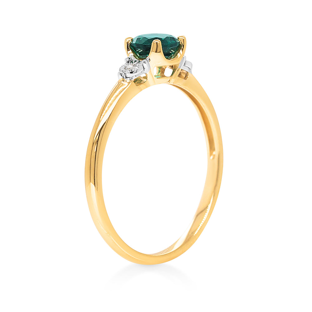 9ct Gold 5mm Round Created Emerald & Diamond Ring