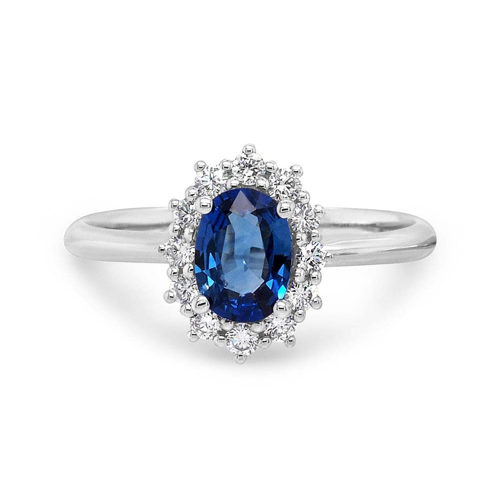 18ct White Gold Oval Ceylon Sapphire & Diamond Halo Ring TDW