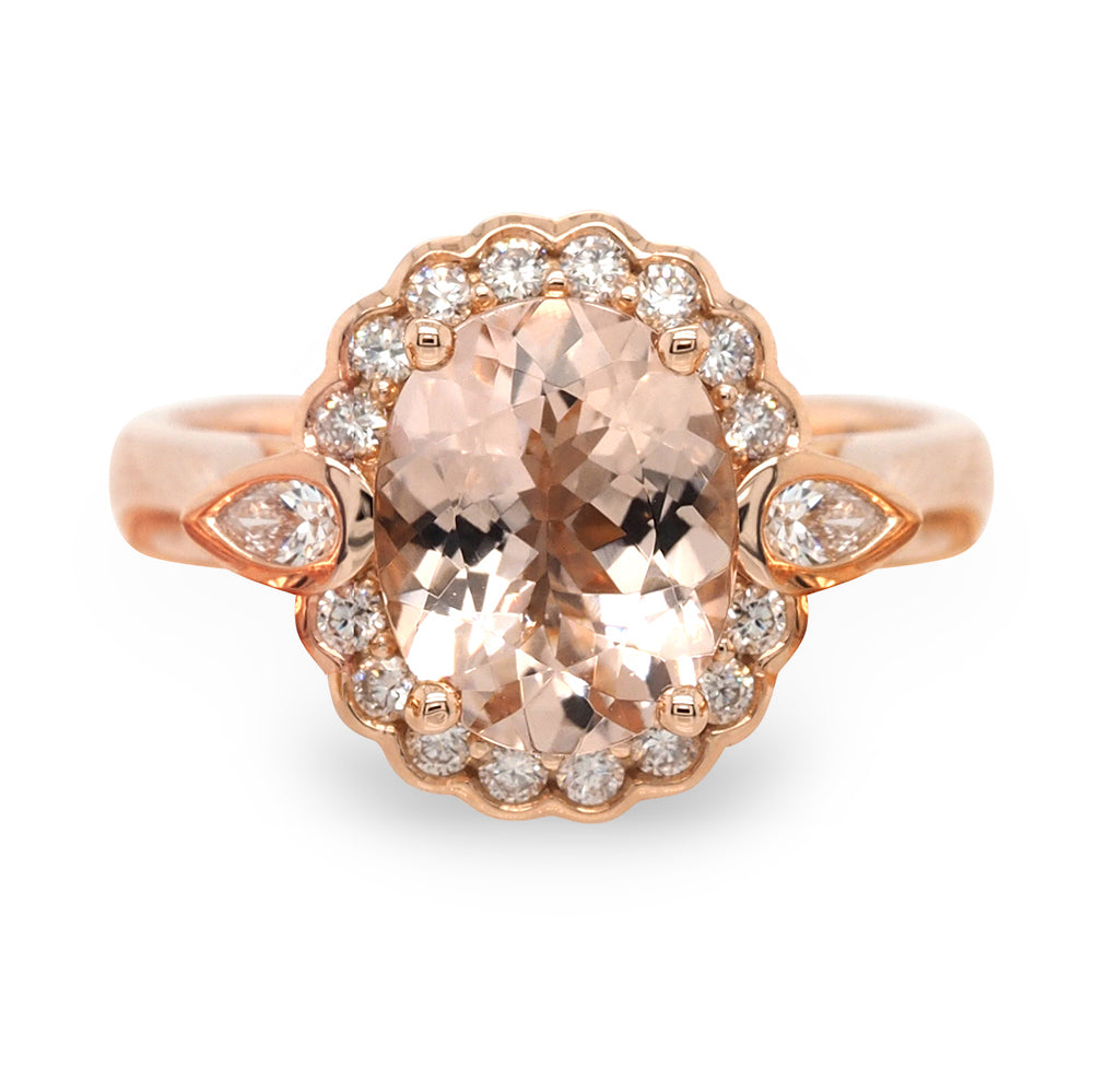 18ct Rose Gold Oval Morganite & Diamond Halo Ring