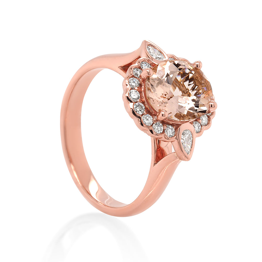 18ct Rose Gold Oval Morganite & Diamond Halo Ring