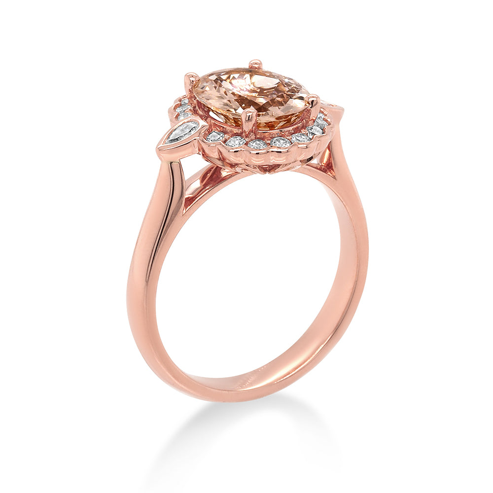 18ct Rose Gold Oval Morganite & Diamond Halo Ring