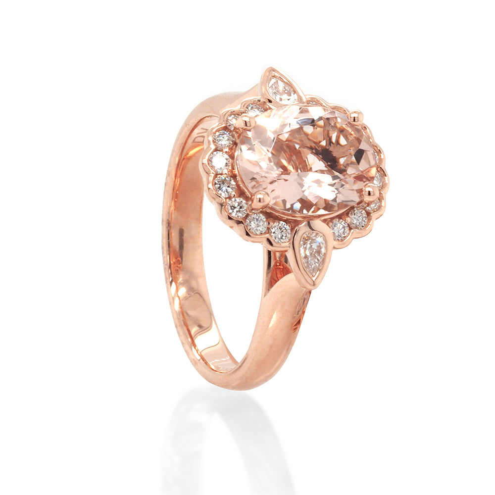 18ct Rose Gold Oval Morganite & Diamond Halo Ring