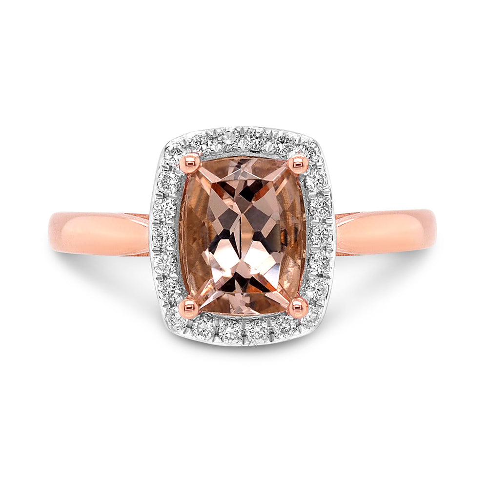 18ct Rose Gold Cushion Cut Morganite & Diamond Halo Ring