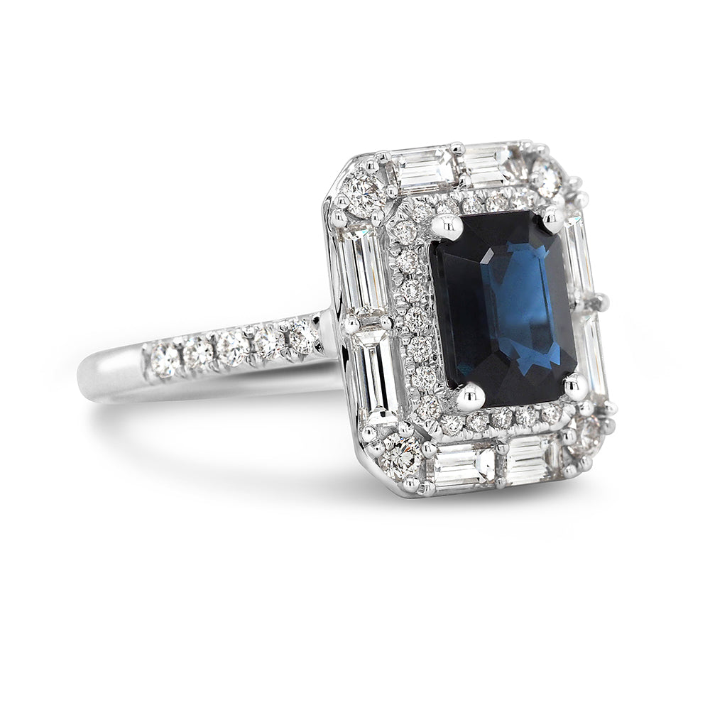 18ct White Gold Emerald Cut Sapphire & Diamond Halo Ring TDW