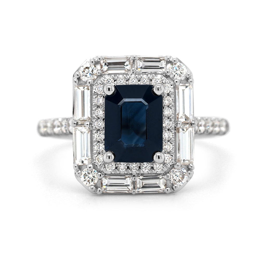 18ct White Gold Emerald Cut Sapphire & Diamond Halo Ring TDW