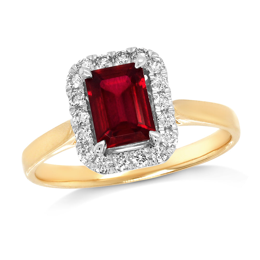 9ct Yellow Gold Emerald Cut Ruby & Diamond Halo Ring TDW: 0.