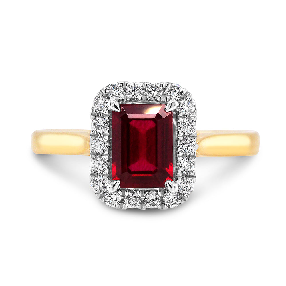 9ct Yellow Gold Emerald Cut Ruby & Diamond Halo Ring TDW: 0.