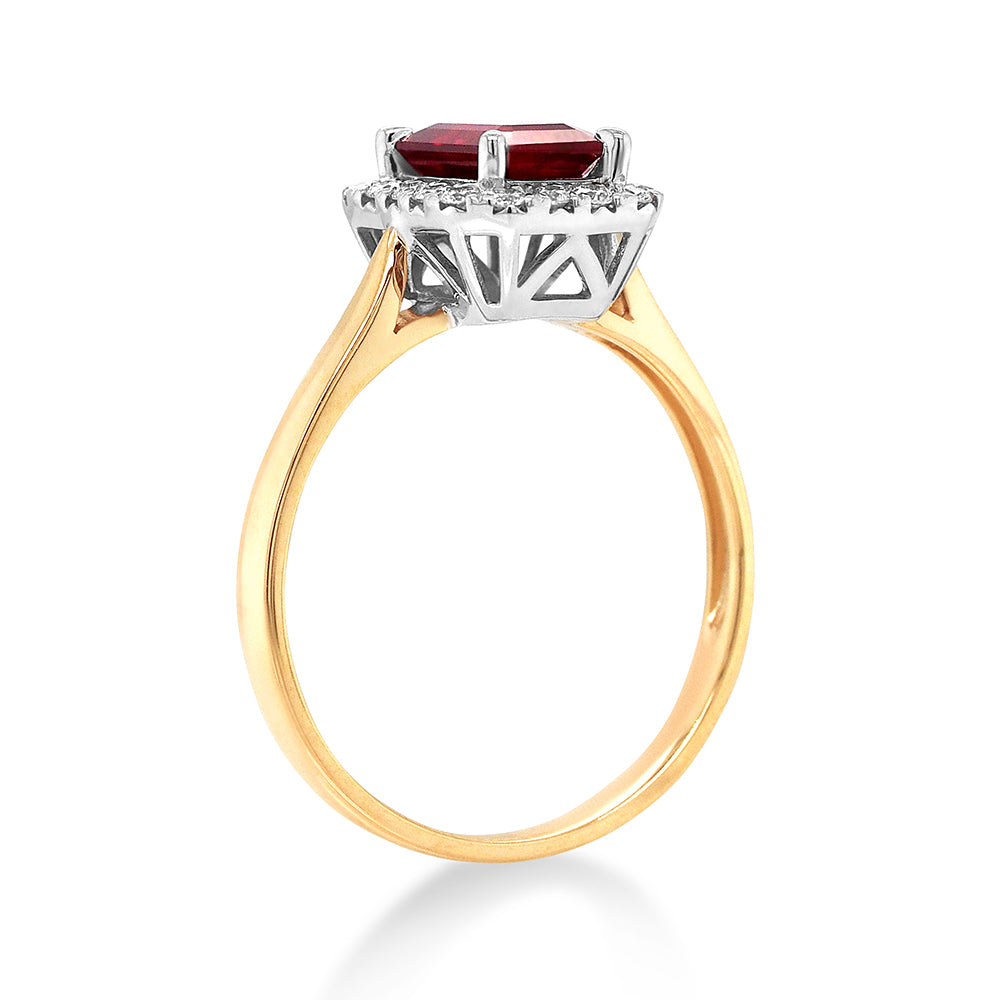 9ct Yellow Gold Emerald Cut Ruby & Diamond Halo Ring TDW: 0.