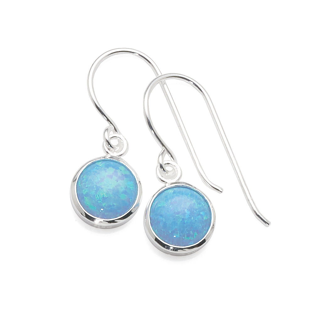 Sterling Silver Created Blue Opal Round Drop Hook Earrings