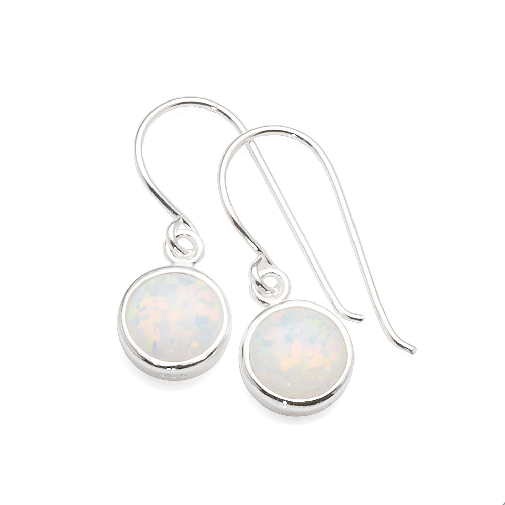 Sterling Silver Created White Opal Round Drop Hook Earrings