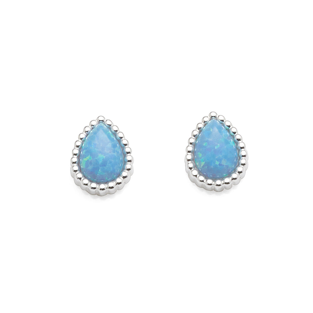 Sterling Silver Created Blue Pear Shaped Opal Beaded Edge St