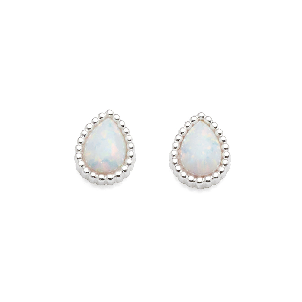 Sterling Silver Created White Pear Shaped Opal Beaded Edge S