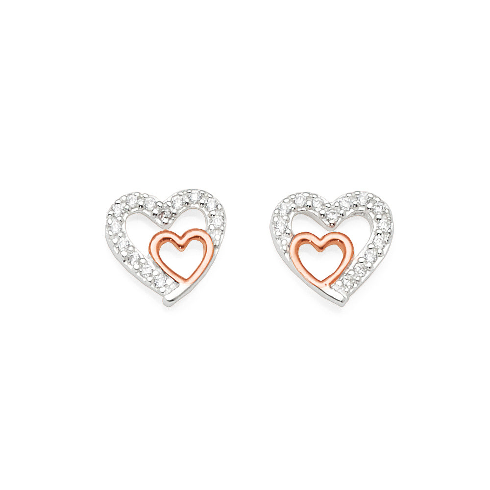 Sterling Silver Rose Tone Cubic Zirconia Double Heart Stud E