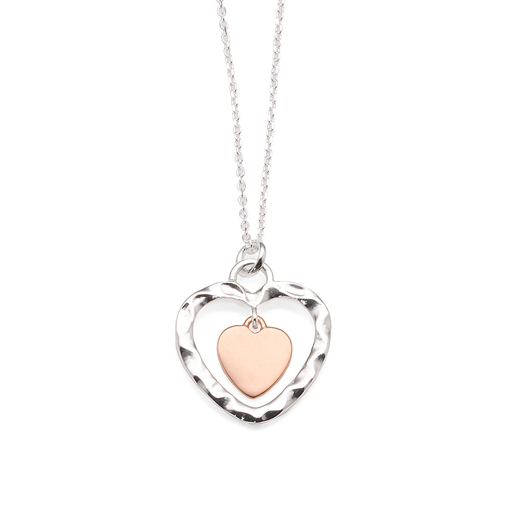 Sterling Silver Rose Tone Hammered Open Heart Pendant