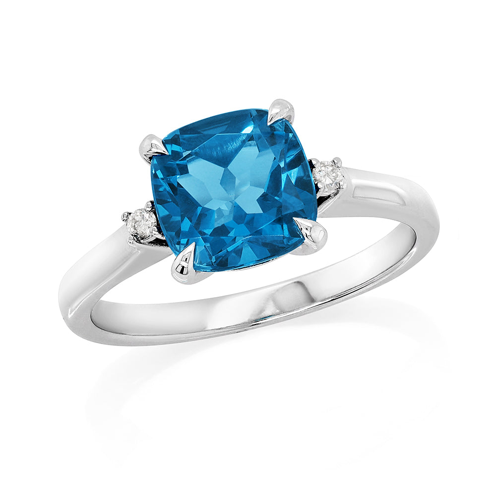 9ct White Gold Cushion Cut Blue Topaz & Diamond Ring 983-9WL