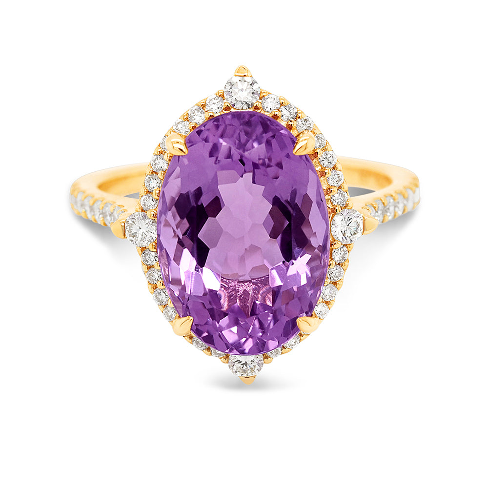 9ct Yellow Gold Oval Amethyst & Diamond Halo Ring