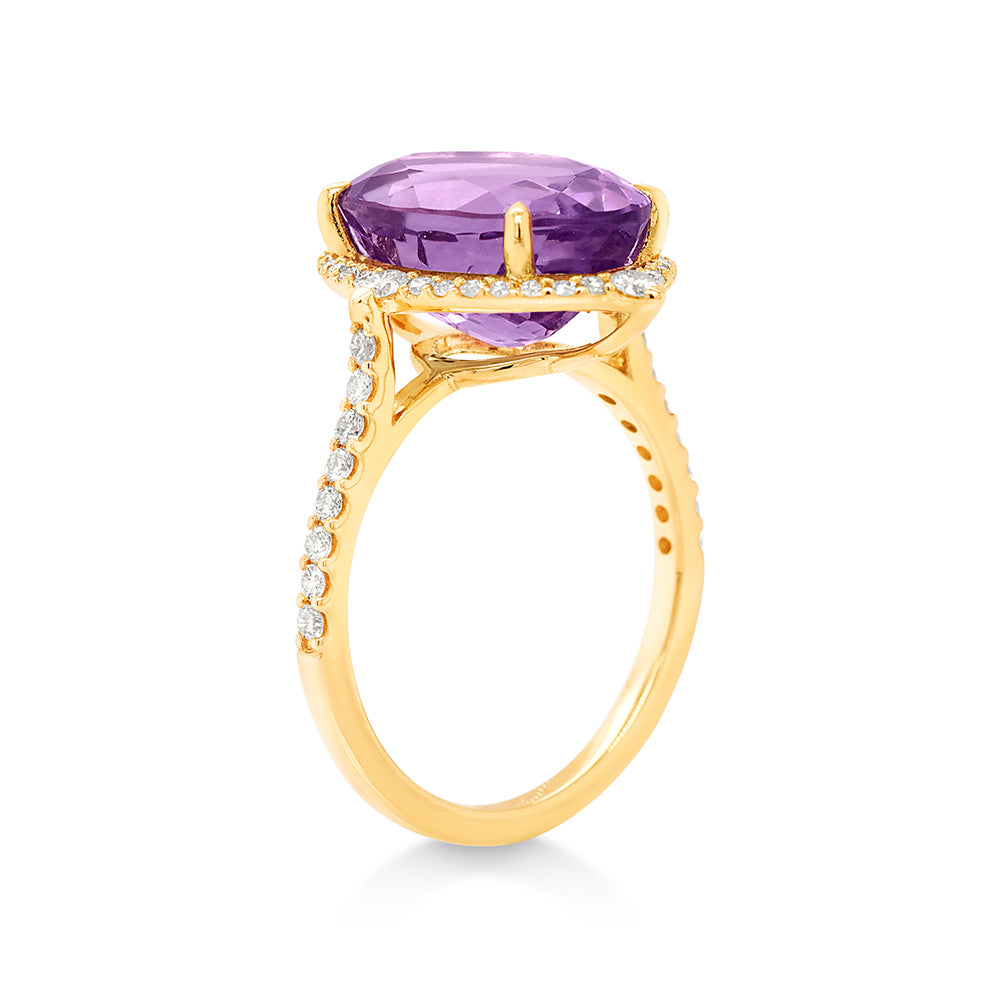 9ct Yellow Gold Oval Amethyst & Diamond Halo Ring