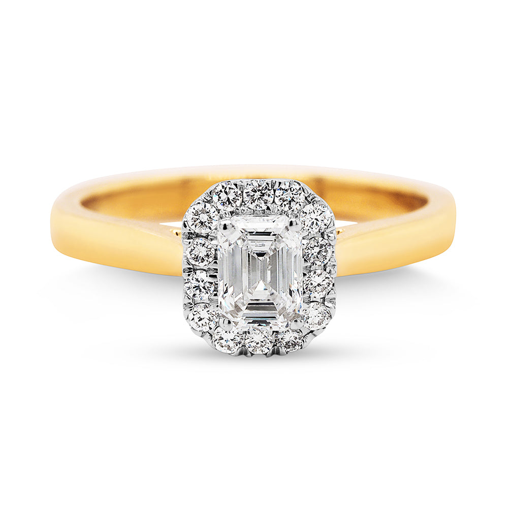 9ct Yellow Gold Emerald Cut Lab-Created Diamond Halo Engagem