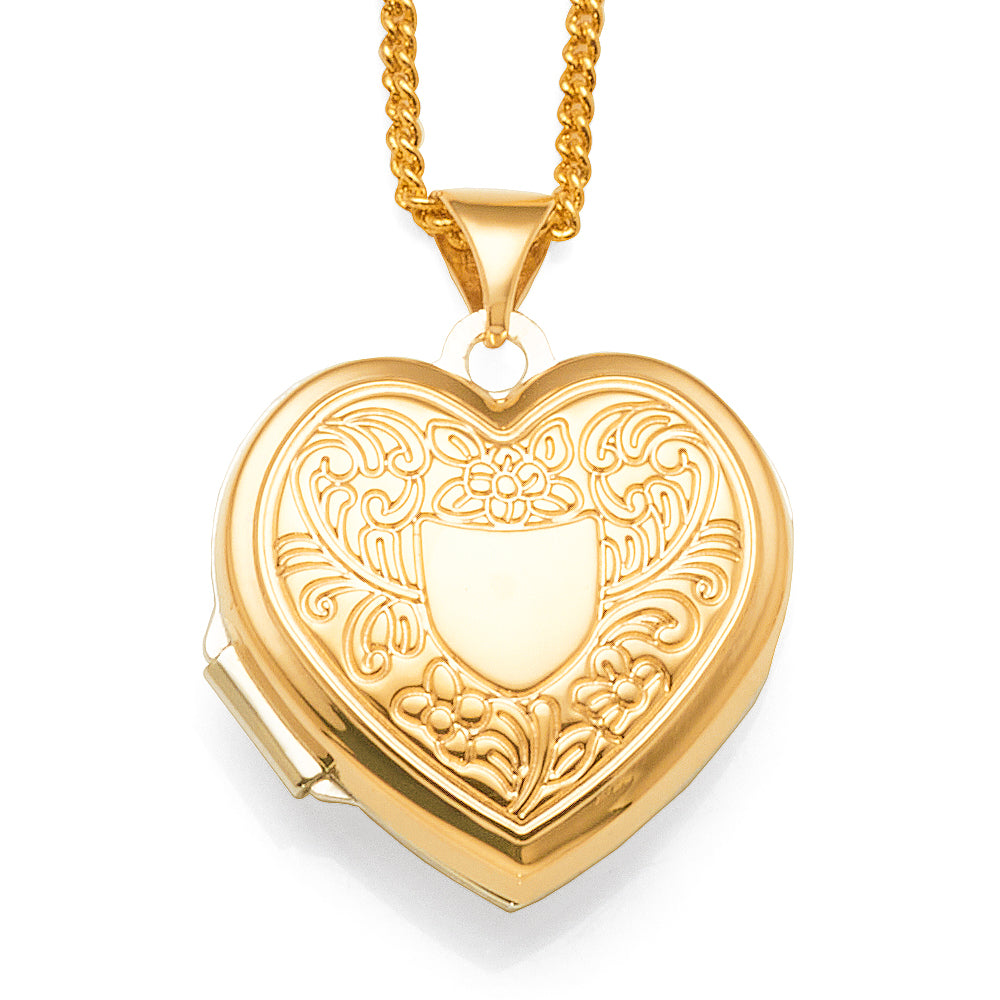 9ct Yellow Gold Sterling Silver Floral Etched Pattern Heart