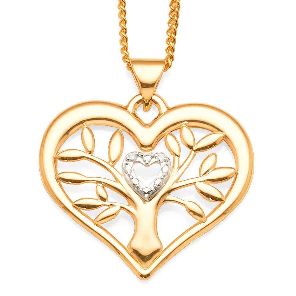 9ct Yellow Gold Heart Shaped Tree Of Life Diamond Pendant