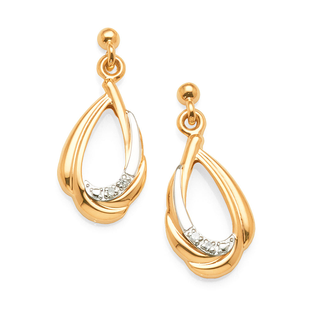 9ct Yellow Gold Diamond Open Pear Shaped Drop Stud Earrings
