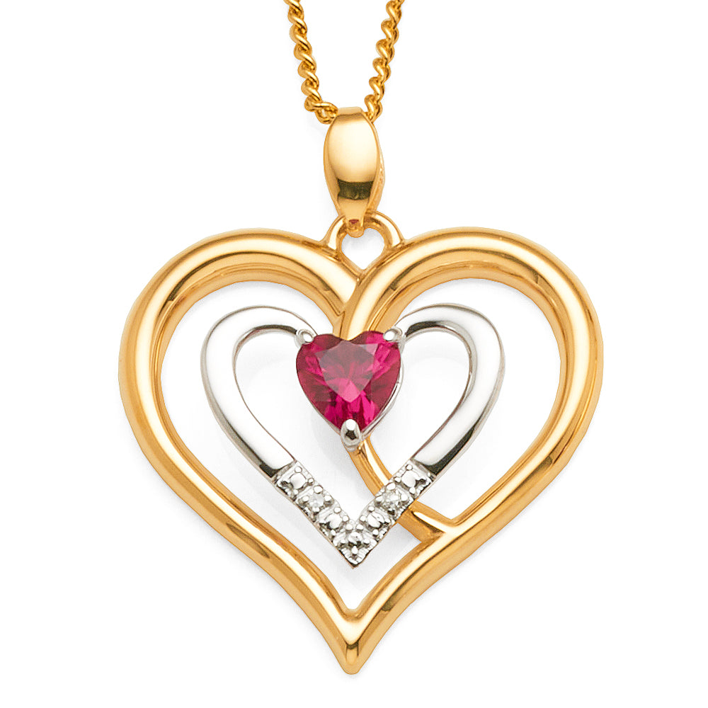 9ct 2-Tone Created Ruby & Diamond Open Heart Pendant