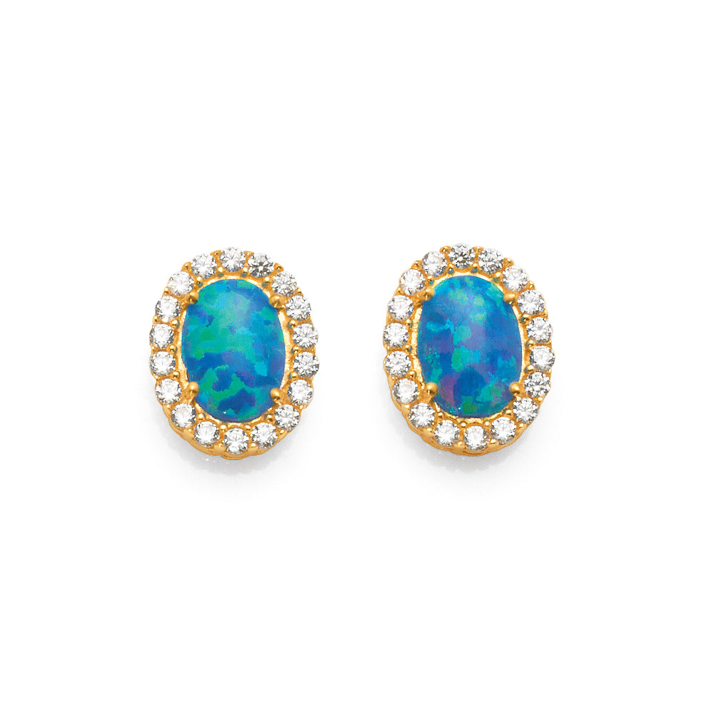 9ct Yellow Gold Created Blue Opal Cubic Zirconia Halo Studs