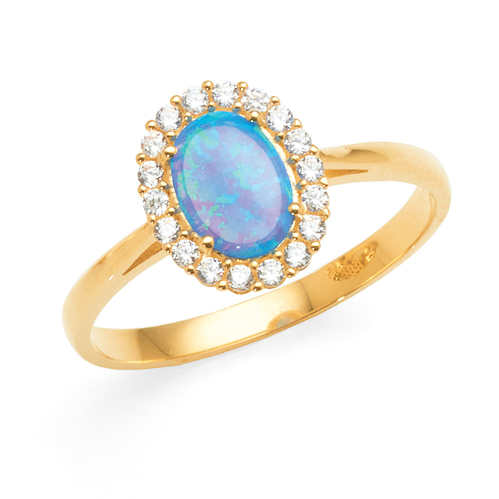 9ct Yellow Gold Created Blue Opal Cubic Zirconia Halo Ring