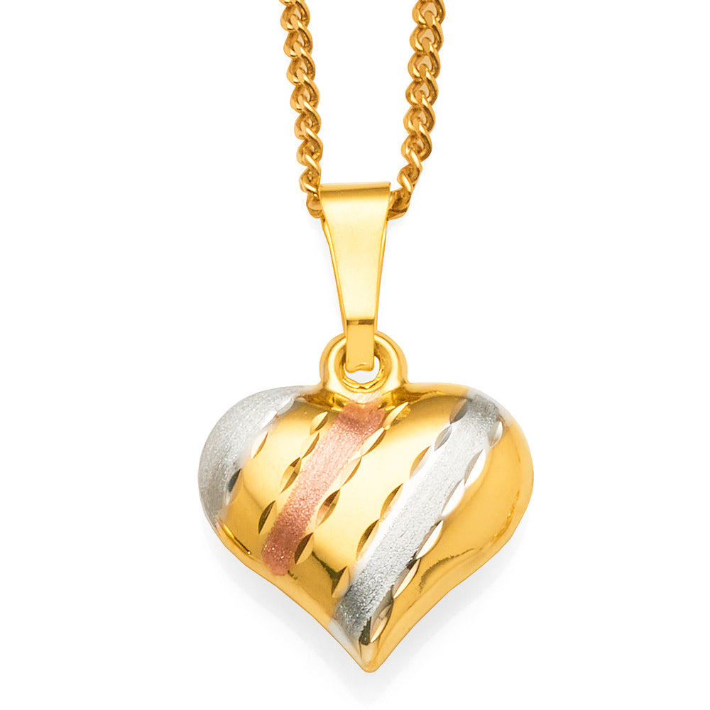 9ct Gold 3-Tone Diagonal Striped Puff Heart Pendant