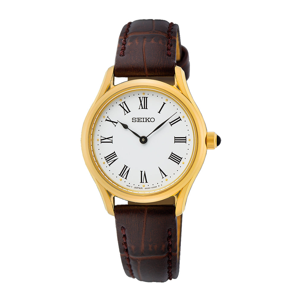 Seiko Gold Tone Brown Leather Analogue Watch SWR072P