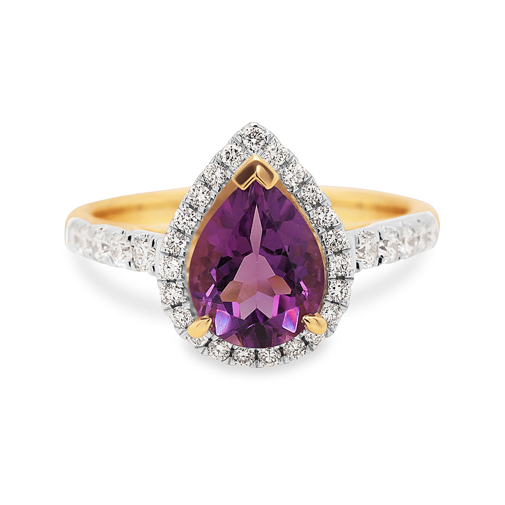 9ct Yellow Gold Pear Shaped Amethyst & Diamond Halo Ring TDW