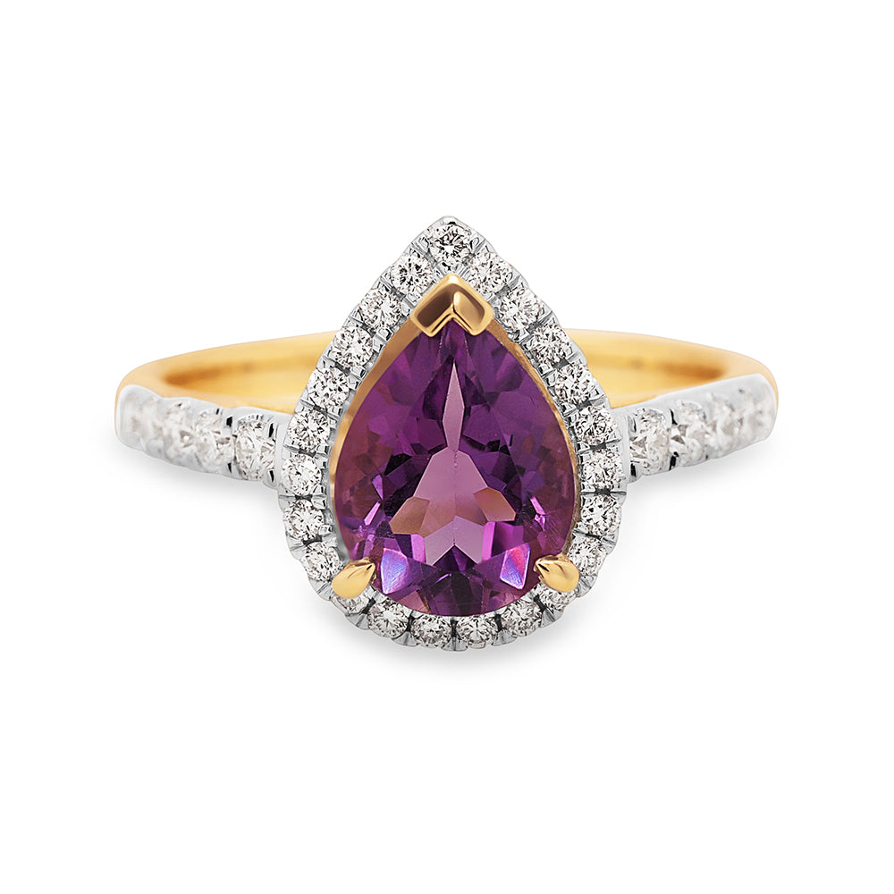 9ct Yellow Gold Pear Shaped Amethyst & Diamond Halo Ring TDW