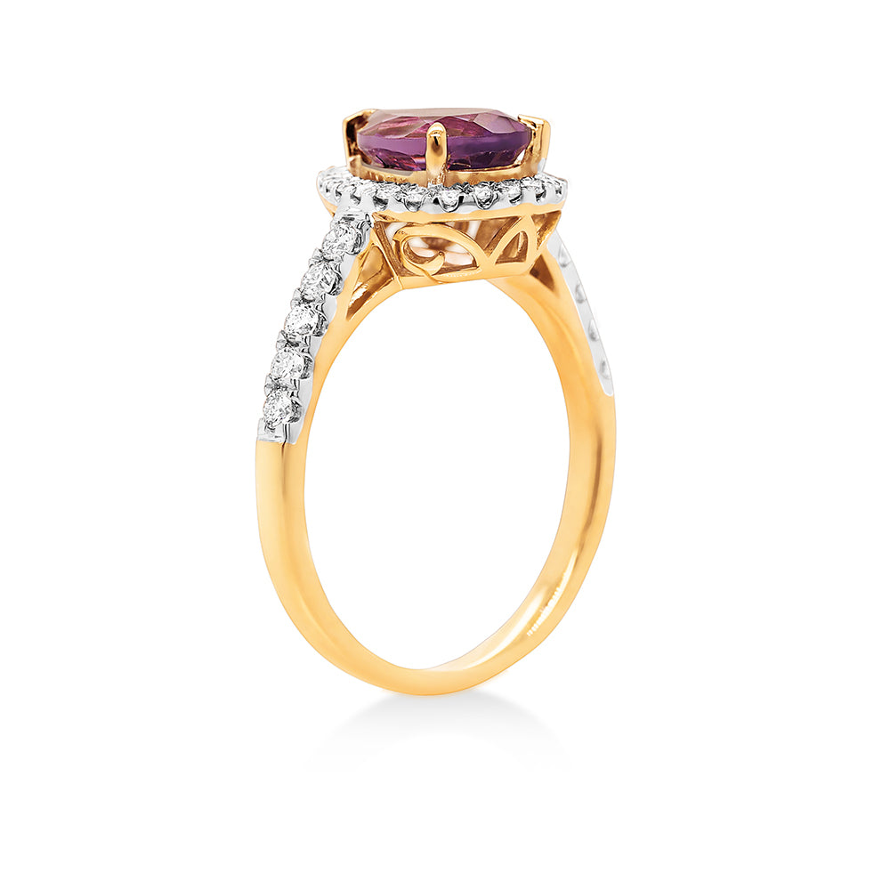 9ct Yellow Gold Pear Shaped Amethyst & Diamond Halo Ring TDW