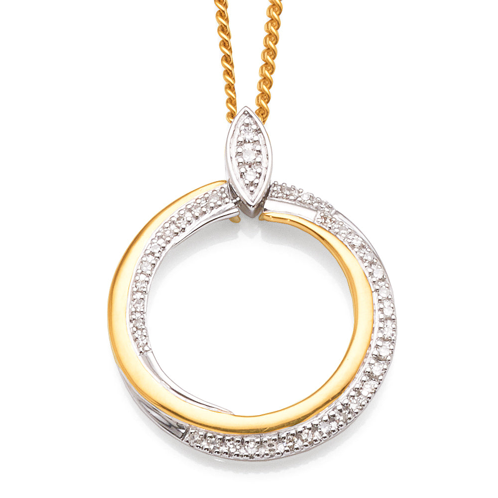 9ct Gold 2-Tone Diamond 20mm Open Circle Pendant TDW 0.16CT