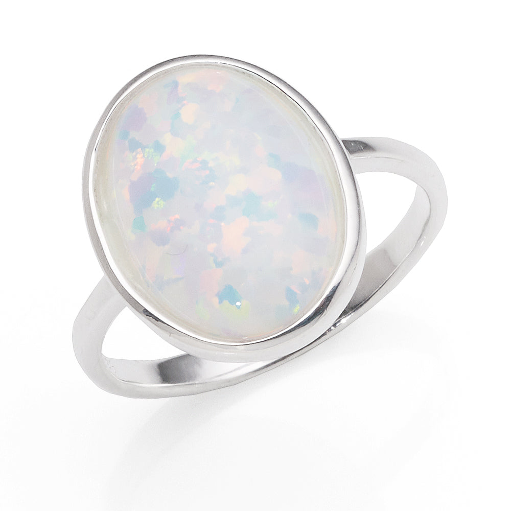Sterling Silver White Oval Created Opal Ring