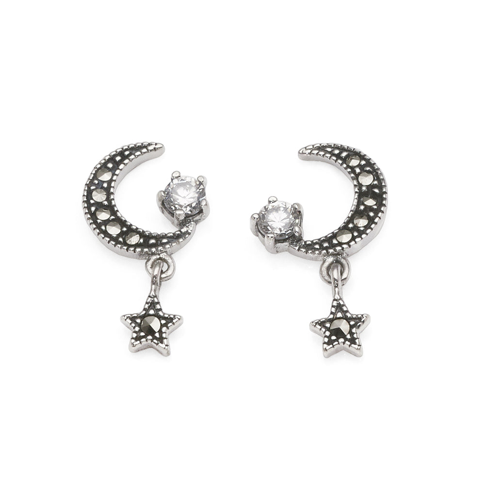 Sterling Silver Marcasite Cubic Zirconia Moon & Star Stud Ea