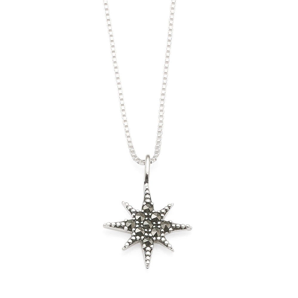 Sterling Silver Marcasite 8-Point Star Pendant On 42cm Box C