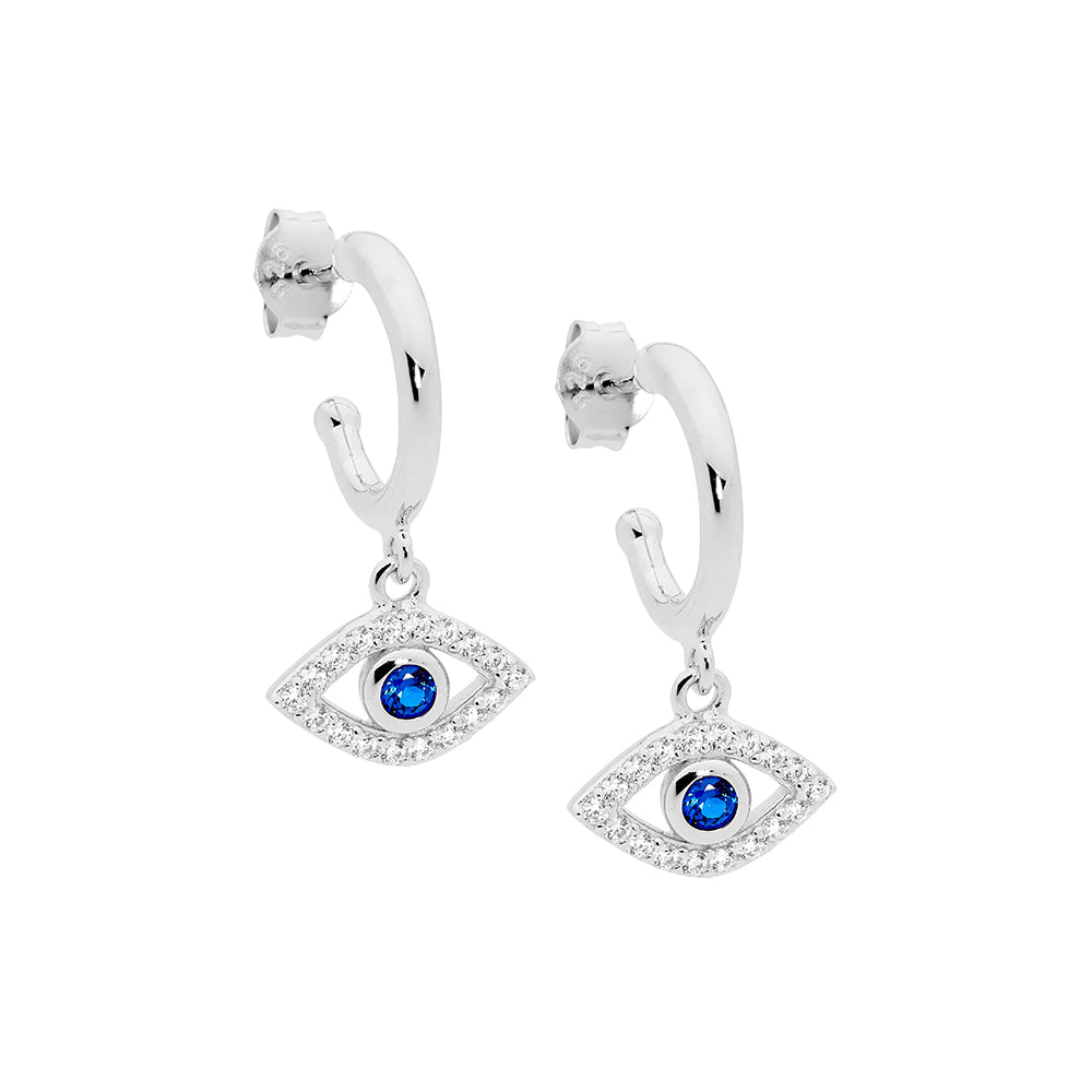 Ellani Sterling Silver Hanging Evil Eye 10mm Hoops E571