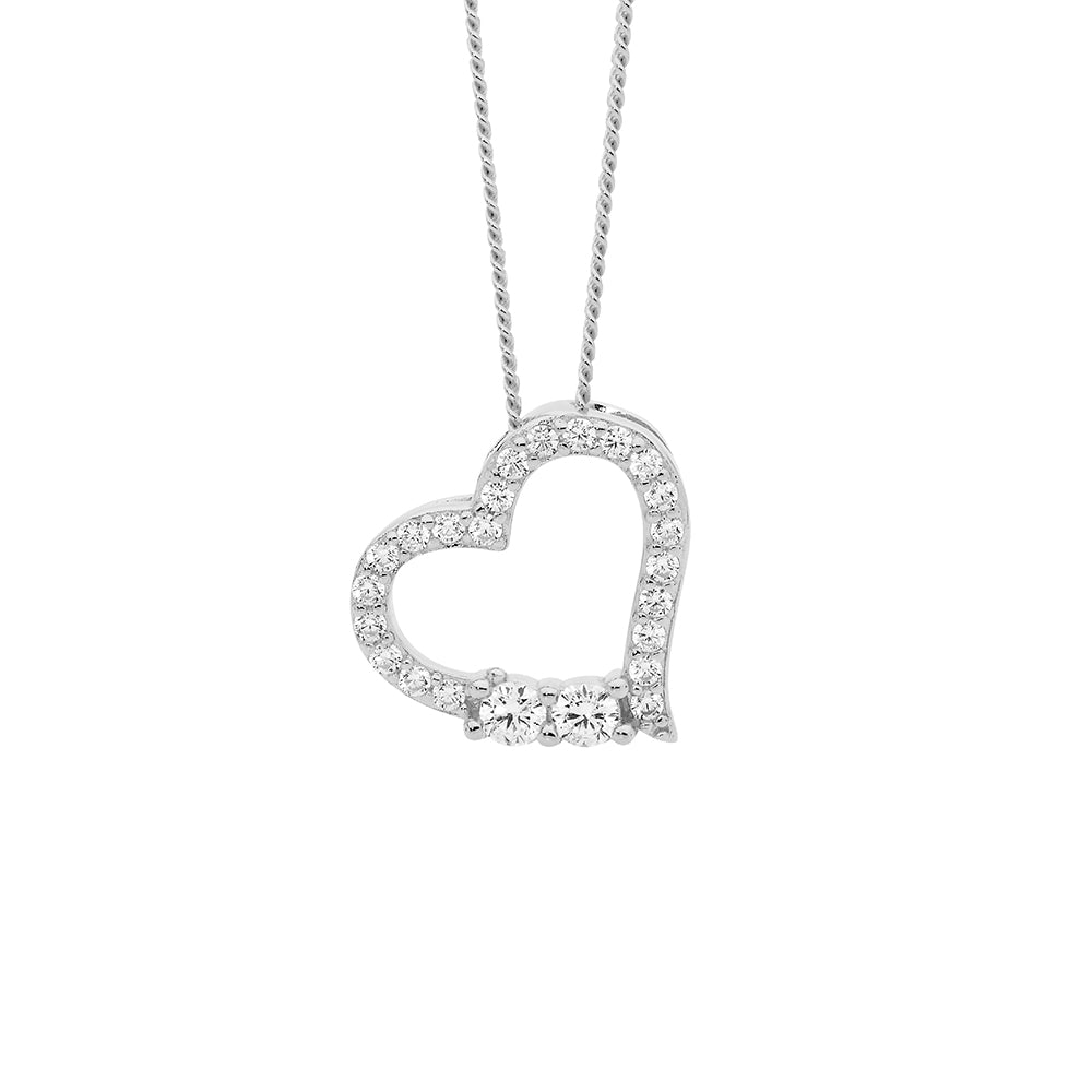 Ellani Sterling Silver Cubic Zirconia Offset Open Heart Pend