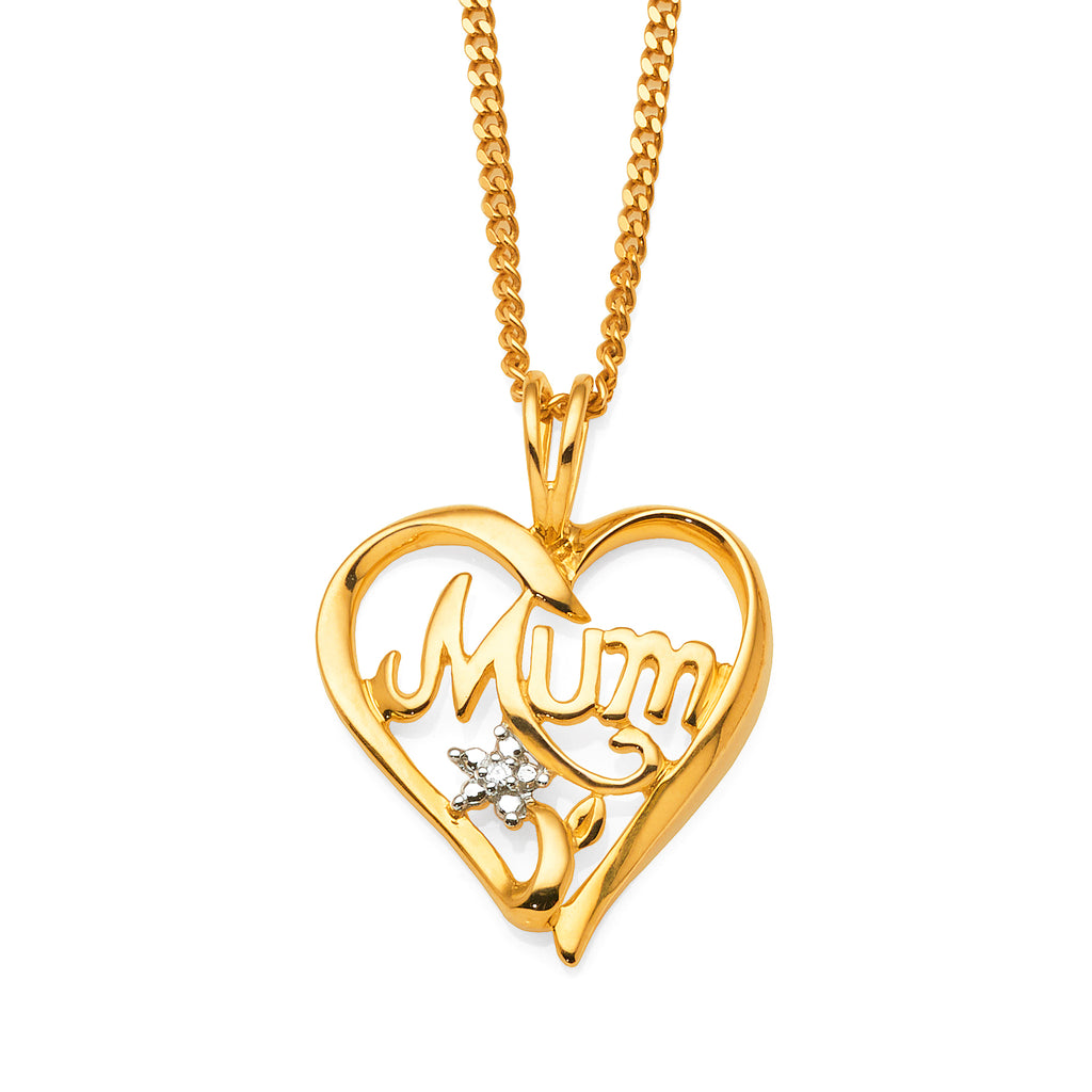 9ct Yellow Gold 'Mum' Diamond Set Open Heart Pendant