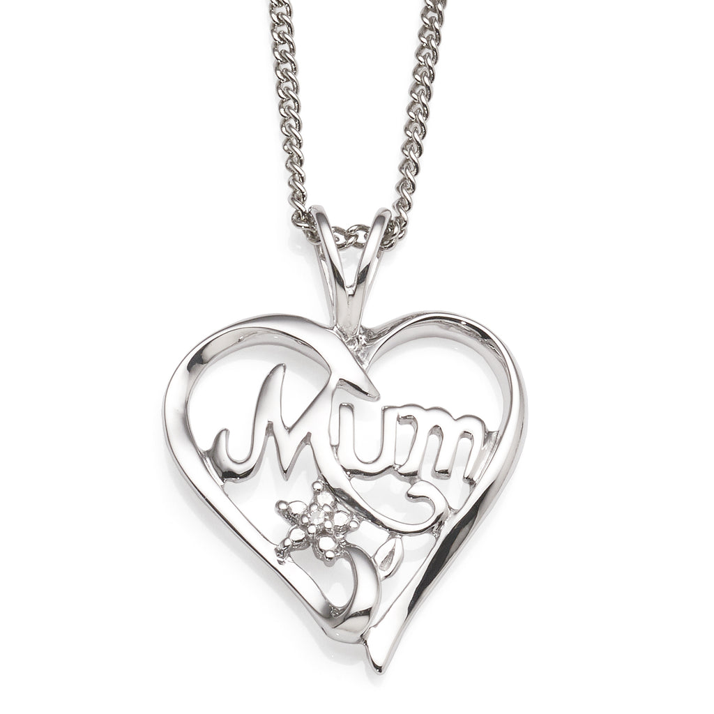 9ct White Gold Diamond Set Open Heart 'Mum' Pendant