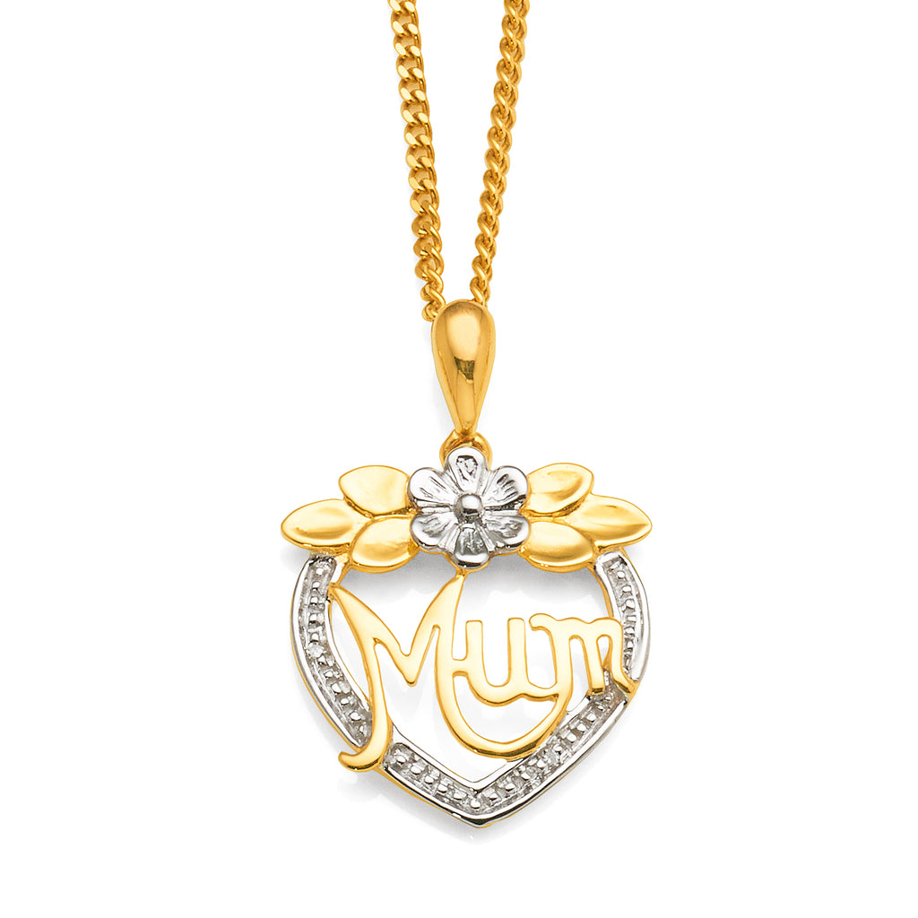 9ct Yellow Gold Diamond Open Heart 'Mum' Pendant