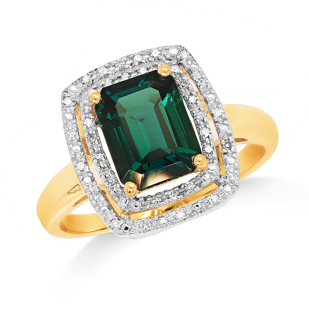 9ct Yellow Gold Emerald Cut Created Emerald & Diamond Ring