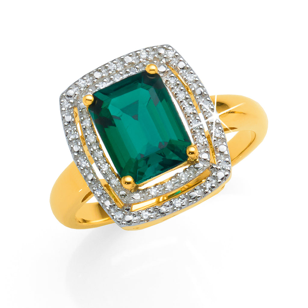 9ct Yellow Gold Emerald Cut Created Emerald & Diamond Ring