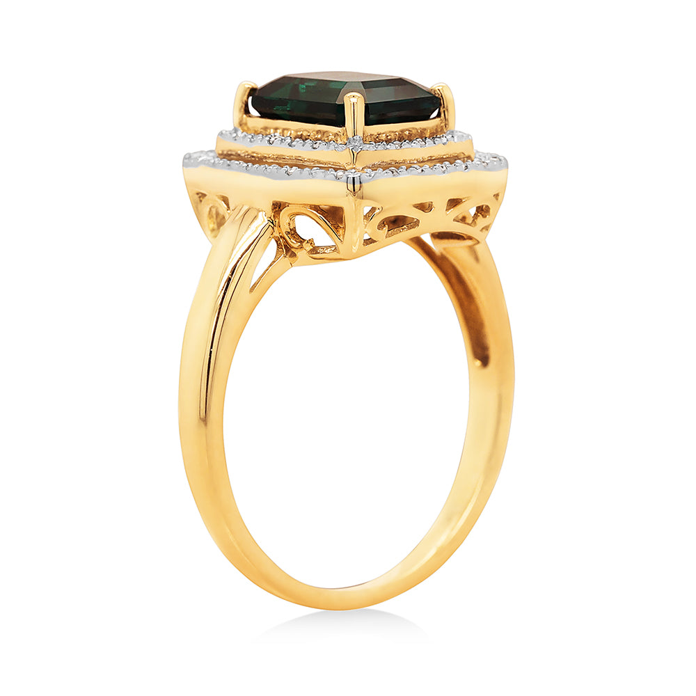 9ct Yellow Gold Emerald Cut Created Emerald & Diamond Ring