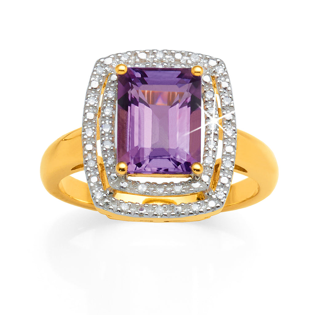 9ct Yellow Gold Emerald Cut Amethyst & Diamond Ring