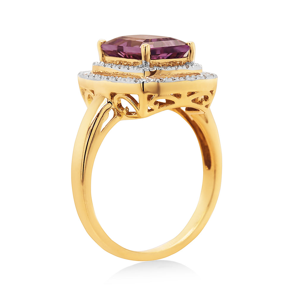 9ct Yellow Gold Emerald Cut Amethyst & Diamond Ring