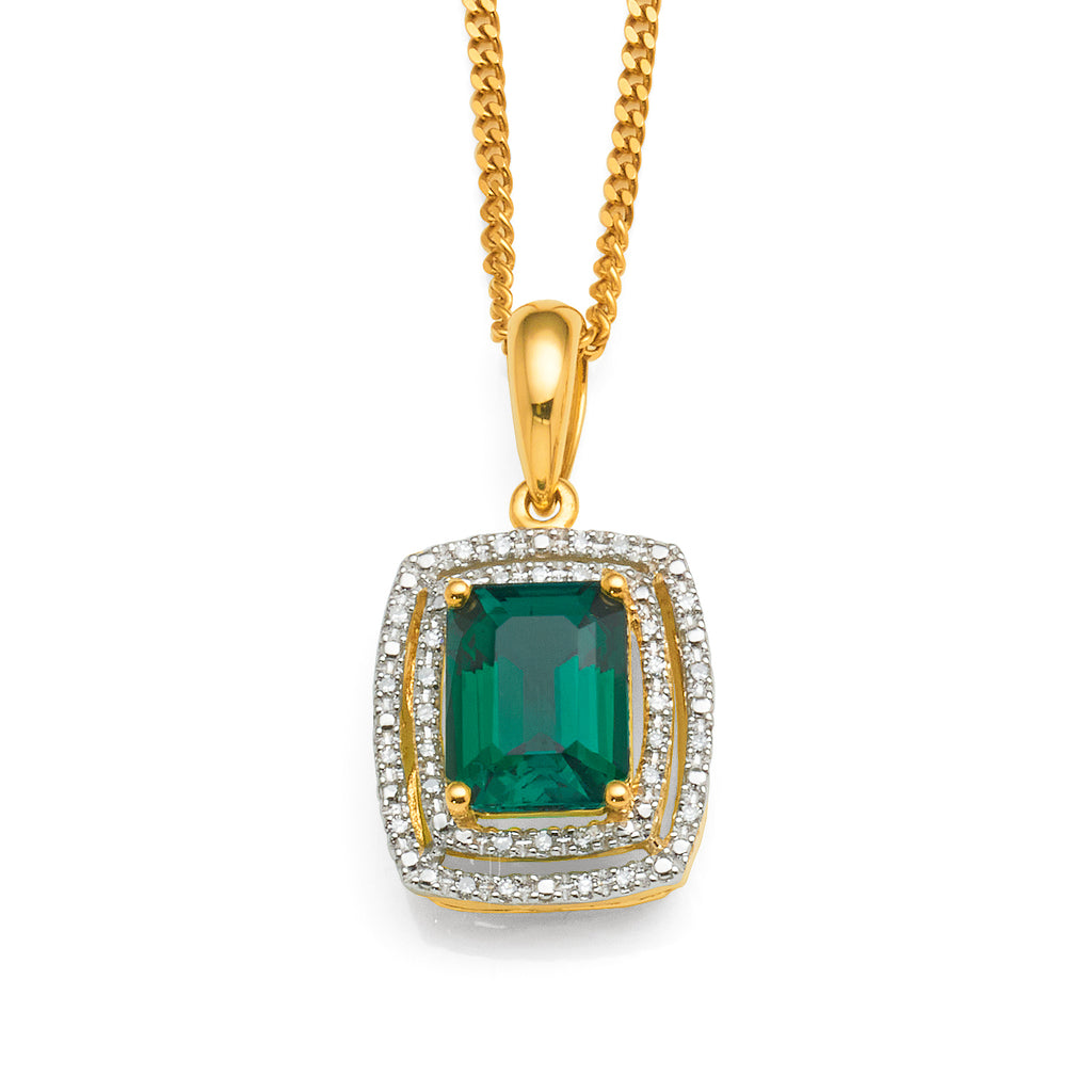 9ct Yellow Gold Emerald Cut Emerald & Diamond Halo Pendant