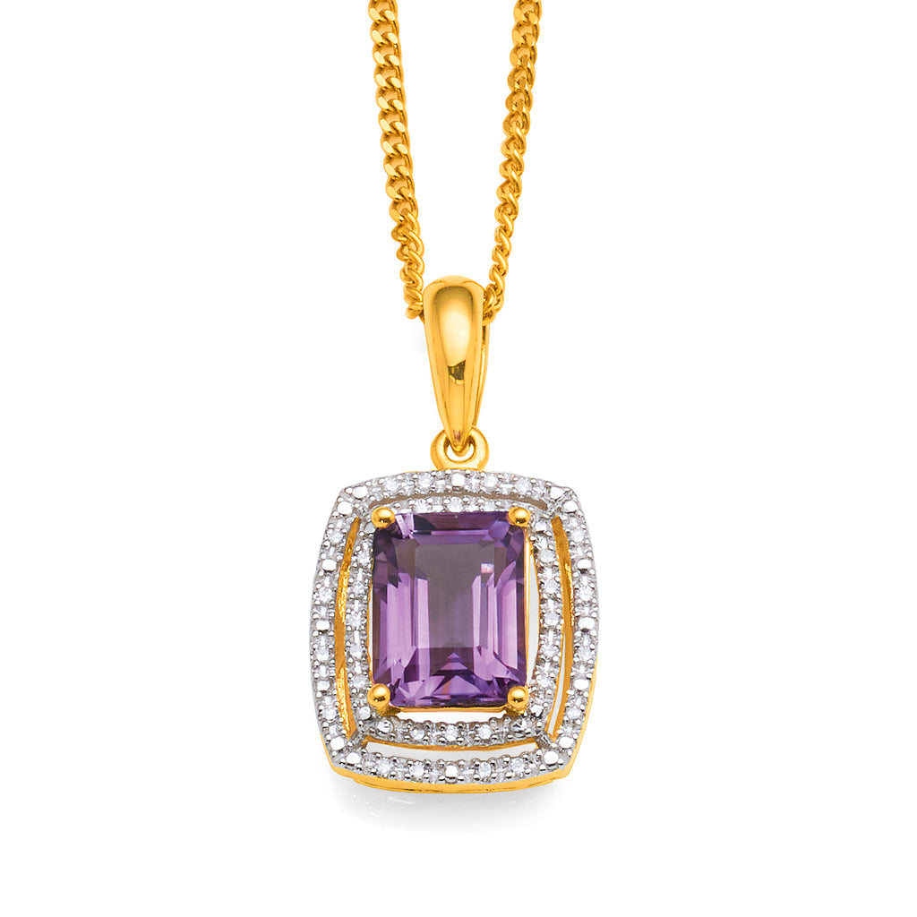 9ct Yellow Gold Emerald Cut Amethyst & Diamond Halo Pendant